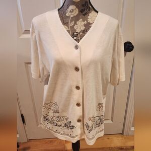Teddi vintage 80s white animal embroidered  button up blouse L